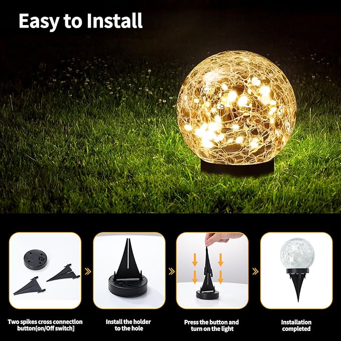 Solar Globe Lights Outdoor Waterproof-Solar Balls for Garden-Cracked Glass Ball Solar Lights Outdoor-Solar Orbs for Outside-Outdoor Decorations for Patio and Yard Lawn Backyard Decor