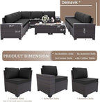 12PCS Patio Furniture Set Sofa Wicker Sectional Sofa Set, Outdoor Furniture Rattan Patio Conversation Set with Cushions and Glass Coffee Table, Black