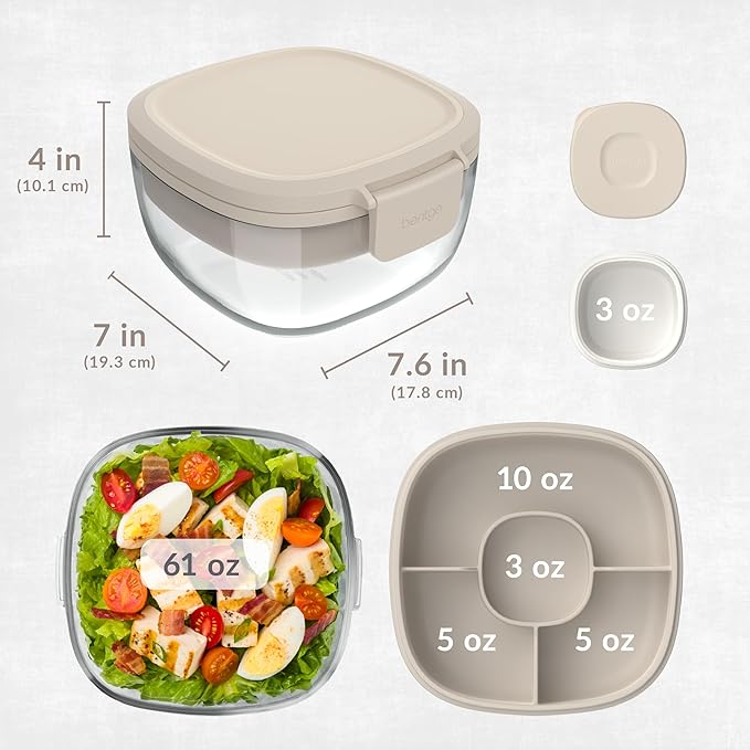 Bentgo Glass All-in-One Salad Container - Large 61-oz Salad Bowl with Lid, 4-Compartment Bento-Style Tray, 3-oz Sauce Container, & Reusable Fork - Dishwasher, Microwave, & Oven Safe (White Stone Tan)