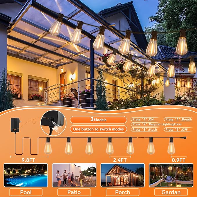 100 FT Outdoor String Lights for Outside, IP65 Waterproof ST38 LED Shatterproof Bulbs, Dimmable & Timable, 3 Light Modes, Hanging Patio Edison Lights for Porch Backyard Cafe Bistro