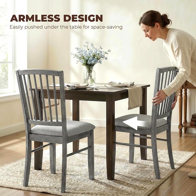 HOMCOM Farmhouse Dining Chairs Set of 2 Rubberwood Legs, Rustic Gray | Upholstered Linen Fabric, Kitchen Chairs, for Kitchen, Dining Room