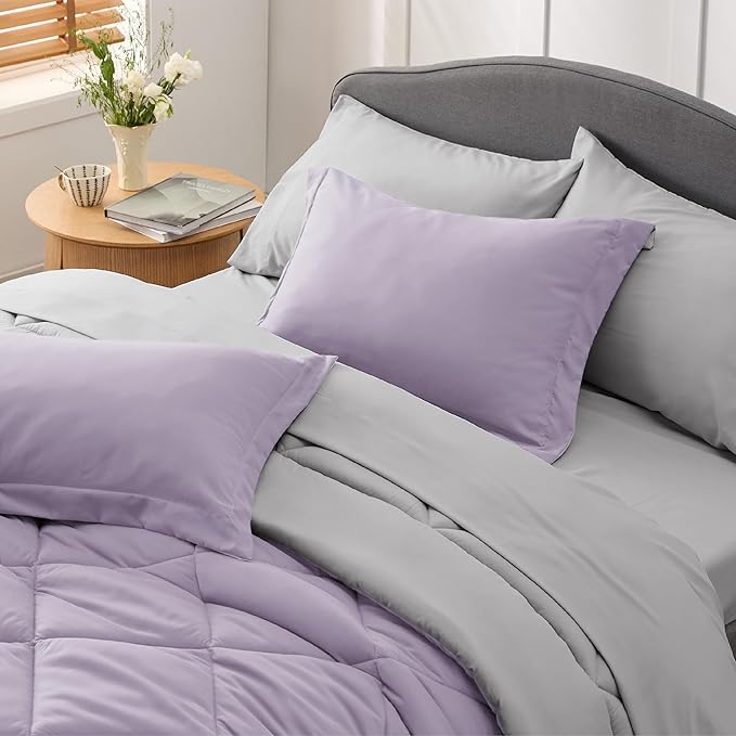Bedsure Light Purple Queen Comforter Set - 7 Pieces Reversible Queen Bed in a Bag, Queen Bed Set Light Purple and Grey with Comforters, Sheets, Pillowcases & Shams