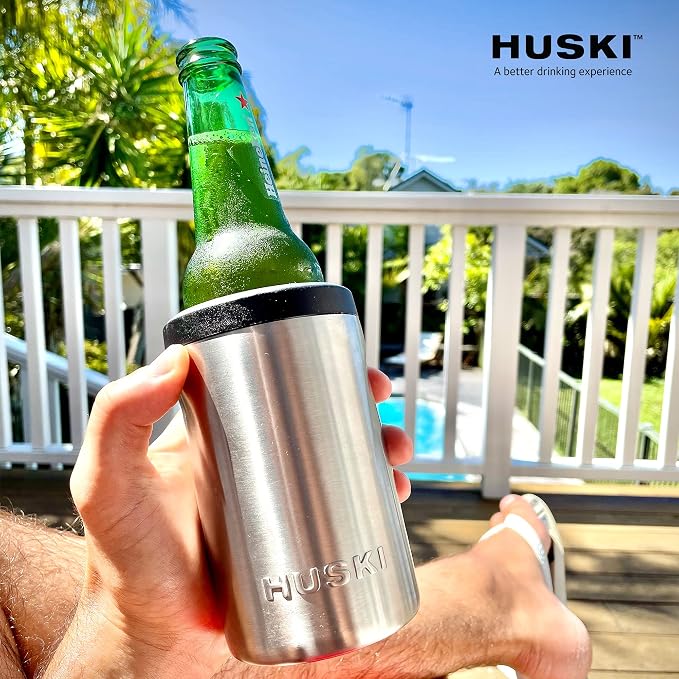 Huski Beer Cooler 2.0 | NEW | Premium Can and Bottle Holder | Triple Insulated Marine Grade Stainless Steel | Detachable 3-in-1 Opener | Works as a Tumbler | Best Gifts for Beer Lovers (Stainless)