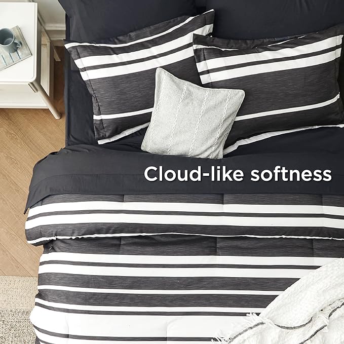 Bedsure Bed in a Bag King Size 7 Pieces, Black White Striped Bedding Comforter Sets All Season Bed Set, 2 Pillow Shams, Flat Sheet, Fitted Sheet and 2 Pillowcases