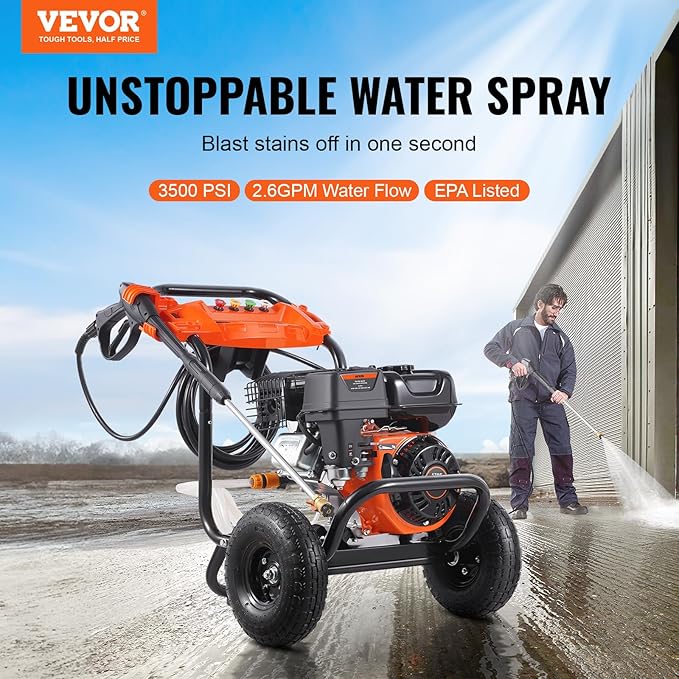 VEVOR Gas Pressure Washer, 3500 PSI 2.6 GPM, Gas Powered Pressure Washer with Aluminum Pump, Spray Gun and Extension Wand, 5 Nozzle Set, for Cars, Fences, Homes, Driveways, Patios Furniture Horizontal