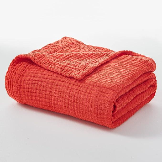 EMME Cotton Blanket Queen Size for Bed Soft Large Muslin Bed Blankets 90"x90" Lightweight Breathable All Season Gauze Blanket, Orange Rust