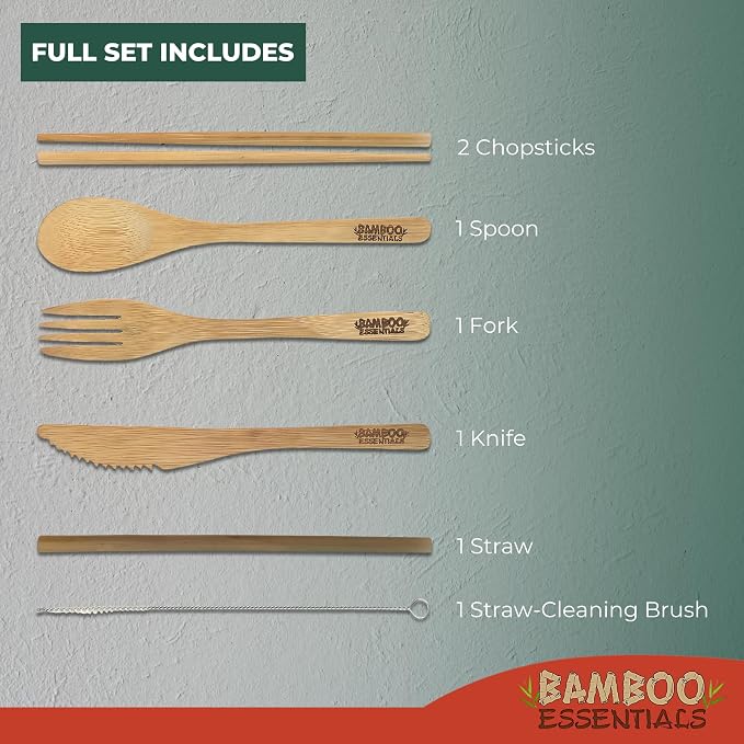 Travel Utensils with Case Set Fork, Knife, Spoon, Chopsticks, Straw, Straw-cleaning brush, Travel Pouch and Carabiner, Excellent For Everyday Use! ((1Set) Sunset Red)