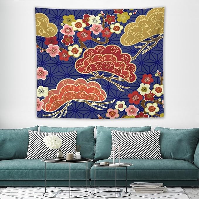 HZOHNAGO Japanese Tapestry Art Abstract Colorful Cherry Blossom Blue Background Pattern Printed Wall Tapestry Painting Wall Hanging for Bedroom Living Room Dorm 60" W x 50" H
