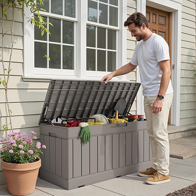 Devoko 78 Gallon Deck Box, Waterproof Resin Outdoor Storage Box for Outside and Patio, Outdoor Storage Bench Lockable for Patio Furniture, Garden Tools and Pool Supplies (Light Brown, 78 Gallon)