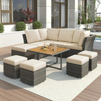 9-Pieces Outdoor Rattan Sectional Sofa Set, Wicker Patio Conversation Furniture with L-shape Couch&Storage Ottomans, Acacia Wood Coffee Table, for Garden Yard, Gray Wicker&Beige Cushion