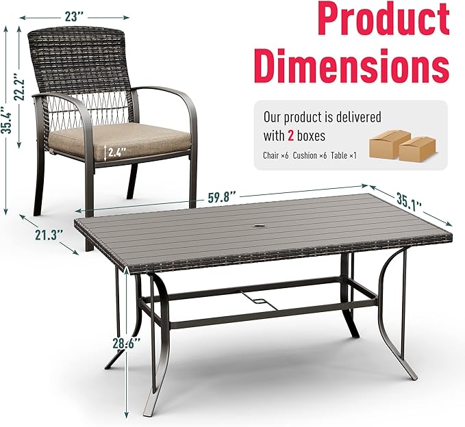 Pamapic 8504 Patio Dining 7 Piece, Outdoor Wicker Furniture Set for Backyard Garden Deck Poolside/Iron Slats Table Top, Removable Cushions, 7 Pack, Beige