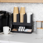 Mind Reader Condiment Station, 13 Inch Countertop Coffee Bar Organizer with 6 Compartments, Storage Caddy for Cups, Lids and Packets, Plastic, Black