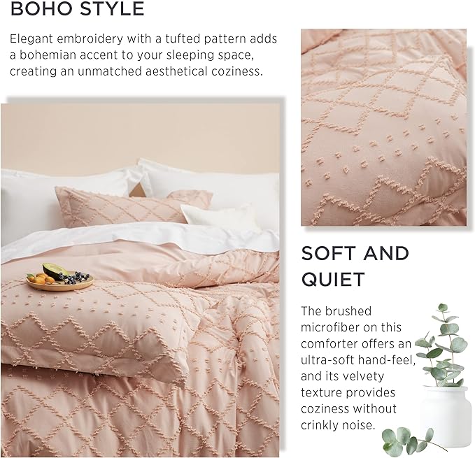 Bedsure Twin/Twin XL Comforter Set - Coral Pink Boho Twin Extra Long Comforter Set for College, Shabby Chic Dorm Bedding Set, 2 Pieces Modern Farmhouse Bed Set, includes 1 Pillow Sham
