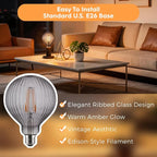 G125 Edison LED Bulb,4W Dimmable E26,2200K Smoke Striated Glass | Vintage Oversized Large Edison Bulb, Soft Warm Lighting, Dim, Widely Used In Stores, Coffee Shops & Indoor Outdoor Scenes