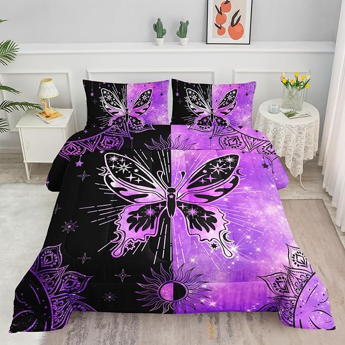 Datura home Black Purple Butterfly Comforter Set for Girls Women,Boho Butterfly Sun and Moon Mandala Printed Bedding Set with 2 Pillowcases(Black Purple Twin)