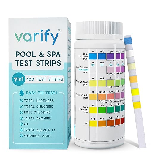 Varify 7 in 1 Pool and Spa Test Strips- Easy to Use Water Testing Kit for Pool, Spa, Hot Tub & More - Tester Strip for Water Hardness, Chlorine, Bromine, pH, Alkalinity and Cyanuric Acid (100 Strips)