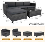 5 Piece Outdoor Patio Sectional Furniture Set, Weather Resistant Rattan Outside Couch, Waterproof Conversation Sofa for Balcony, Porch, Backyard, Deck, Garden, Grey