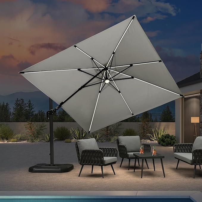 PURPLE LEAF 10 Feet Patio Umbrella Outdoor Cantilever Solar Powered LED Swivel Square Umbrella Aluminum Offset Umbrella with 360-degree Rotation for Garden Deck Pool Patio White