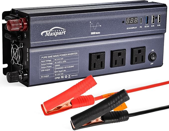 1000W Pure Sine Wave Inverter 12V DC to 120V AC Converter,1000 Watts 12 Volt Car Power Inverter for Home,Camping, RV, Truck, Vehicles, Emergency with Built-in a Type-C, Dual 5.2V/2.4A USB, 3AC Outlets