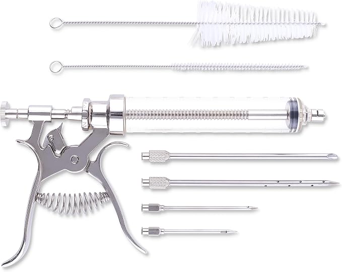 J&B Goods Professional Automatic BBQ Meat Marinade Injector Gun Kit with Case, 2 oz Large Capacity Barrel and 4 Commercial Grade Marinade Needles.