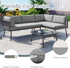 3-Piece Outdoor Patio Furniture PE Rattan Sofa Set, All Weather L-Shaped Sectional Couch with Removable Cushions and Glass Table, for Backyard Poolside Garden, Metal Frame, Onesize, Gray