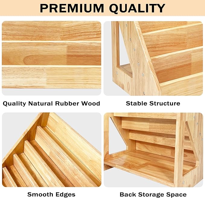 5 Tier Montessori Bookshelf Solid Wood, Nursery Bookcase, Toddler Book Display Shelf for Toddler, 17" Height