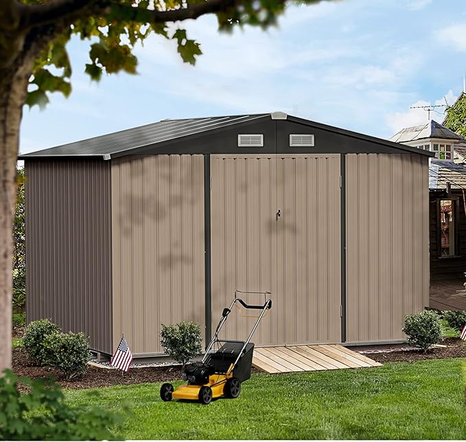 Aoxun 10 x 8FT Outdoor Storage Shed with Double Hinged Large Door Utility Garden Shed with Lockable Door & Sloped Roof Metal Sheds Outdoor Storage for Garden, Backyard, Patio and Backyard, Brown