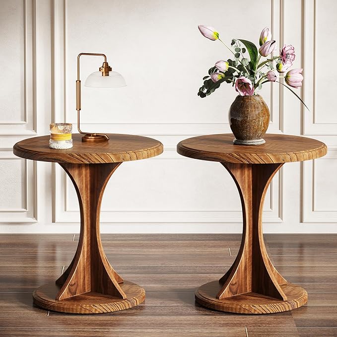 Tribesigns Round End Table for Living Room, Wood Side Table Set of 2, Mid-Century Bedside Nightstand for Bedroom, Accent Table, Easy Assembly, Vintage Brown