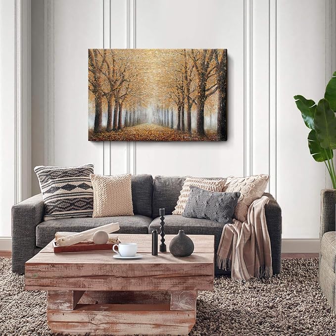 Large Tree Wall Art for Living Room Hand-Painted Forest Oil Painting Framed Yellow Grove Artwork Autumn Landscape Canvas Picture for Living Room Bedroom Home Decorations Wall Decor Large 48"x32"