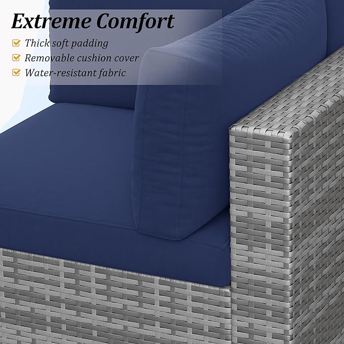 SUNVIVI OUTDOOR 7 Piece Patio Furniture Sets All Weather Grey PE Wicker Couch Sofa with Glass Table, Removable Navy Blue Cushions