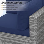 SUNVIVI OUTDOOR 7 Piece Patio Furniture Sets All Weather Grey PE Wicker Couch Sofa with Glass Table, Removable Navy Blue Cushions
