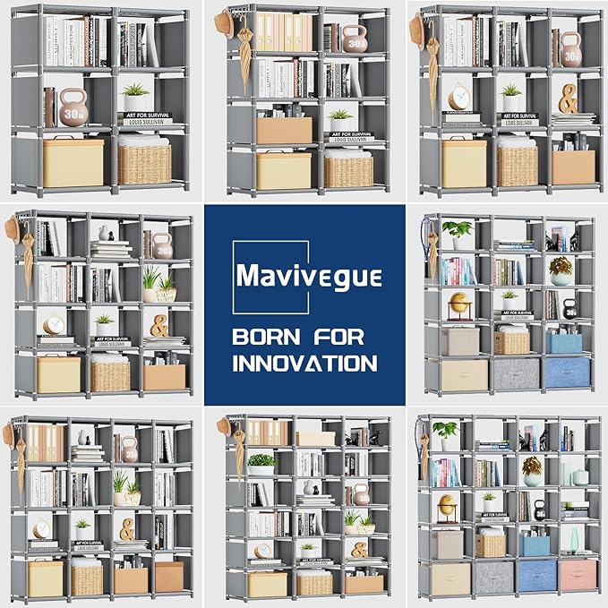 Mavivegue Book Shelf, 9 Cube Storage Organizer, DIY Bookcase, Metal Cube Bookshelf, Tall Book case for Bedroom, Living Room, Office, Closet Storage Organizer, Grey Cubicle Storage Rack