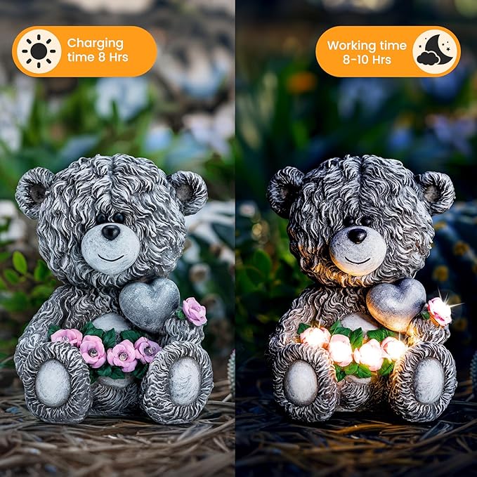 Solar Garden Outdoor Statues Bear with Heart and Pink Flower and 5 LED Lights-Lawn Decor Bear Statue for Patio, Balcony, Yard Ornament-Unique Mother's Day and Housewarming Gifts for Mom, Women