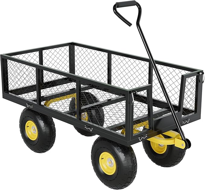 900 Lbs Garden Wagon, 2-in-1 Heavy-Duty Steel Garden Cart, with 10 Inch All-Terrain Tires and Removable Mesh Side Panels, 180° Rotating Handle, Metal Multi-Function Carts, Outdoor Gardens Wagon Cart