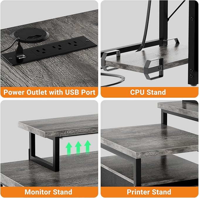 Unikito 70.8" Reversible L Shaped Computer Desk with Fabric File Drawers, Corner Desk with RGB LED Lights & Power Outlets & Monitor Stand, Large Gaming Desk for Home Office Workstation, Black Oak
