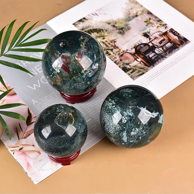JIC Gem Large Ocean Jasper Crystal Sphere Ball with Wooden Stand Healing Decorative Ball Reiki Healing Gift 100-110mm