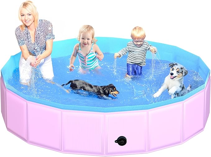 2025 Updated Foldable Dog Pool, 87" x 12" Kiddie Pool with Hard Plastic, Non-Slip Dog Bath Tub for Outdoor Backyard, Collapsible Dog Swimming Pool for Kids Dogs Pets (Pink)