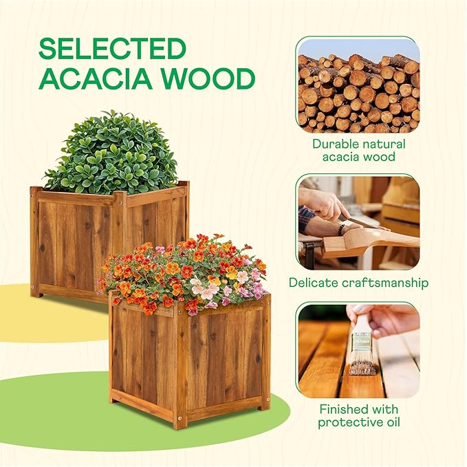 IDZO Set of 2 Acacia Wood Flower Planters for Outdoor Plants, Ergonomic Handles, Drainage Holes, Various Sizes, Ideal for Home Décor, Light Cherry