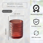 Shades of Summer Set of 6 Luxury Hobnail Drinking Glasses - 11oz Jewel-Toned Vintage Beaded Highball Tumblers - Textured Bubble Glassware Drinks Cocktails & Wine Elegant Boho Home Bar & Dining Décor