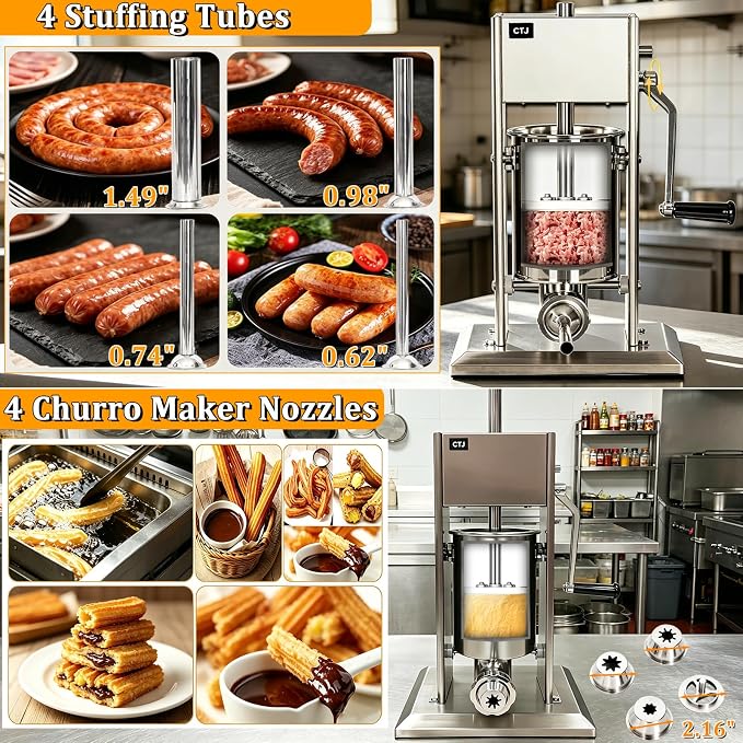 CTJ Sausage Stuffers Stainless Steel Sausage & Churro Maker 3L/7Lb,Silver | Manual 2 in 1 Sausage Stuffer & Churro Maker, 2-Speed Adjustable Vertical Sausage Maker, 4 Stuffing Tubes & Churros Nozzle