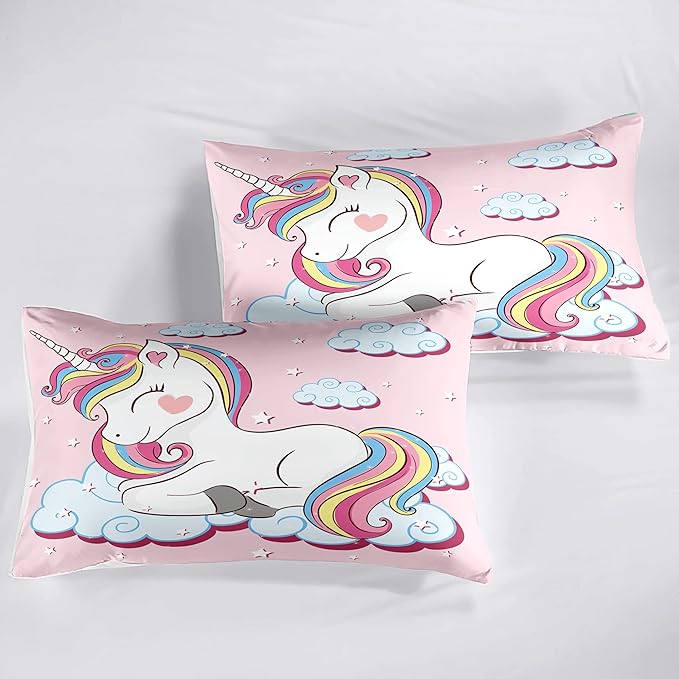 Kids Comforter Bedding Set Twin Size, 3 Piece Super Soft Breathable Print Kids Bedding Sets for Girls, Machine Washable Durable Comforter Set with Comforter and 2 Pillowcases (Twin, Pink Unicorn)