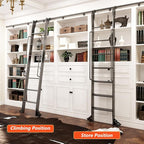 DIYHD 96" Rolling Library Ladder with Handrail, 4FT Sliding Rail, Black | 8-Step lightweight ladder with space-saving upright storage, Telescopic top hooks, Locking bottom rollers, 300lbs capacity