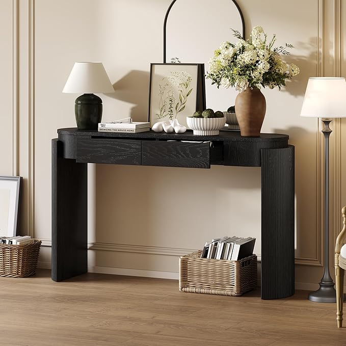 55" Sofa Table with Oval Top and 2 Drawers, Entryway Console Table with Fluted Design for Hallway,Foyer,Entry and Living Room (Fully Assembled-Black)