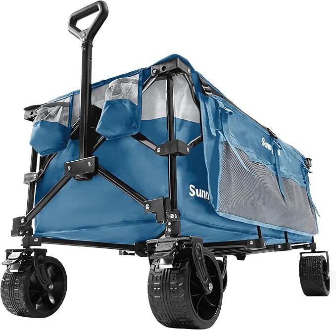 SUNNYFEEL 49''L 550lbs Heavy Duty Wagon Cart Foldable with Wheels,Extra Long Fold Up Wagons Carts with Side Pocket and Brakes for Camping Sports Garden Shopping (Blue)