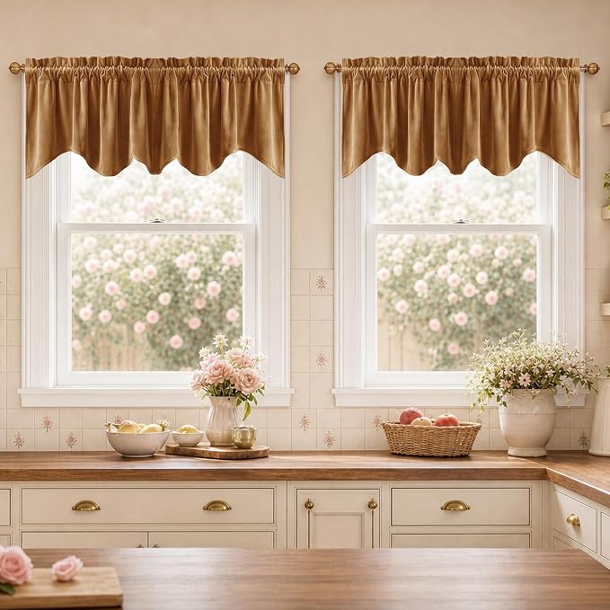 Velvet Window Valance 52x18 Inch 4-Panel Set | Soft Wavy Gold Brown Kitchen Curtains for Windows, Luxury Fabric Aesthetic Window Treatment for Bay Window, Living Room