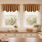 Velvet Window Valance 52x18 Inch 4-Panel Set | Soft Wavy Gold Brown Kitchen Curtains for Windows, Luxury Fabric Aesthetic Window Treatment for Bay Window, Living Room