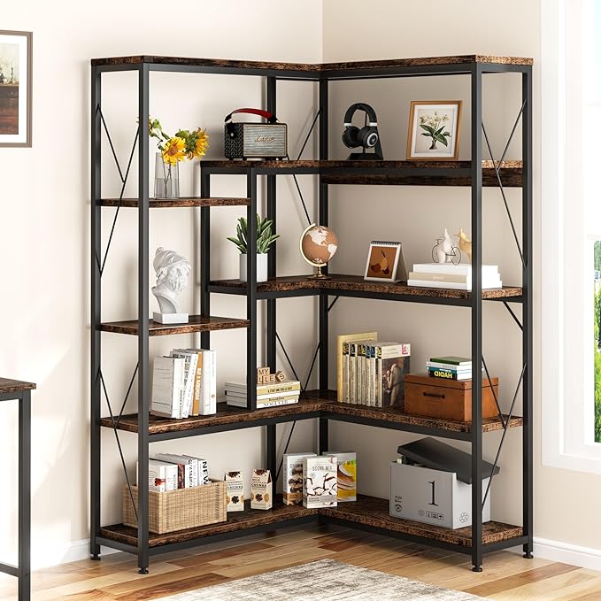 Shintenchi 5 Tiers Corner Bookshelf, 70.86" Tall L-Shaped Bookcase, Large Corner Etagere Bookcase, Corner Shelf Display Storage Rack with Metal Frame for Living Room Home Office, Rustic Brown
