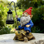 Garden Gnome Statue Riding Turtle - Garden Gnomes Decorations with Solar LED Lights, 7.9" Outdoor Resin Figurine Ornament for Patio, Yard, Funny Lawn Decor (Colored)