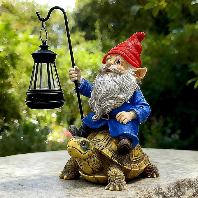 Garden Gnome Statue Riding Turtle - Garden Gnomes Decorations with Solar LED Lights, 7.9" Outdoor Resin Figurine Ornament for Patio, Yard, Funny Lawn Decor (Colored)