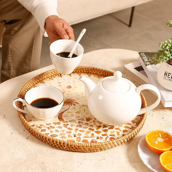 Round Rattan Tray with Mother of Pearl Inlay & Wooden Base - Decorative Wicker Serving Tray for Coffee/Bread/Fruits, Food Storage & Display - Multipurpose Home Decor (L,Island)
